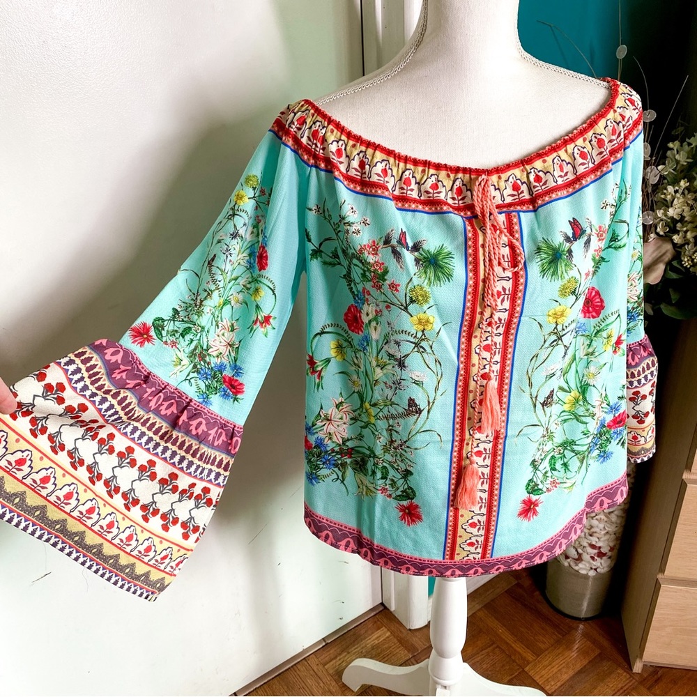 Umgee Blue Off the Shoulder Bell Sleeve Blouse L